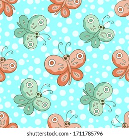 Patrón transparente con mariposas de color en un fondo azul claro.Infección verde marrón.Alegre ilustración vectorial sobre el tema del verano.Puede ser usada en tarjetas de felicitación, textiles y papel para niños.