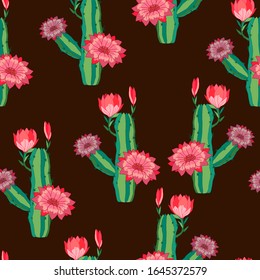 seamless pattern, color pattern of cactus and flowers, vector illustrations, wallpaper ornament, wrapping paper, botanical background