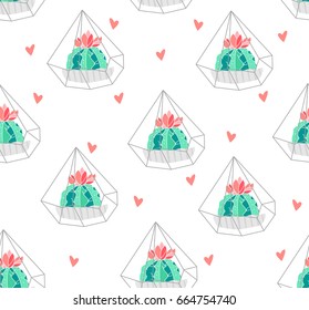 Seamless pattern with color cactus in terrarium and hearts on white background. Ornament for textile and wrapping. Vector.