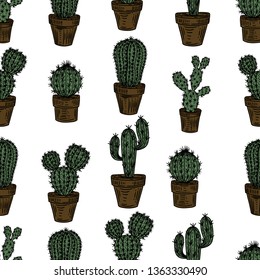 Seamless pattern of  color cactuses on white background.