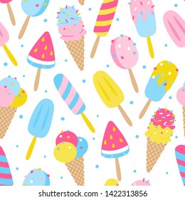 Seamless pattern with color cartoon ice cream isolated on white background - summer design