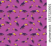 Seamless pattern with color cartoon icon of a Toucan. 
Vector image for social posts, promotional materials
or fabric. Toucan on colorful background.