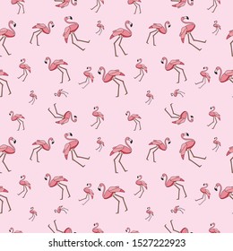 Seamless pattern with color cartoon icon of a flamingo. 
Vector background with flamingos images.