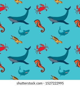 Seamless pattern with color cartoon icon of a whale, turtle, crab, seahorse and shark. 
Sea life background.