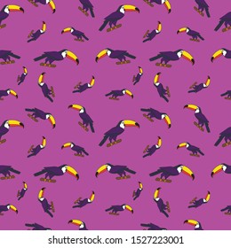 Seamless pattern with color cartoon icon of a Toucan. 
Vector image for social posts, promotional materials
or fabric. Toucan on colorful background.