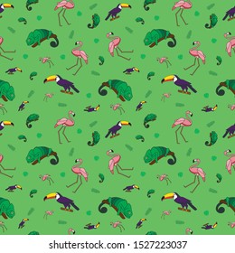 Seamless pattern with color cartoon icon of a chameleon, flamingo and toucan.
Jungle life on colorful green background.