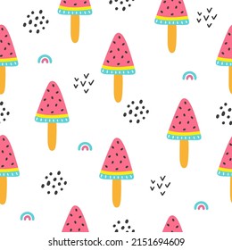 Seamless pattern with color cartoon watermelon ice cream with rainbow and dots