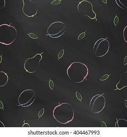 Seamless pattern with color chalk drawings . Hand-drawn style. Seamless vector wallpaper with the image of fruits