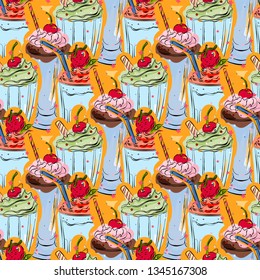 Seamless pattern color cherry milkshake sketch