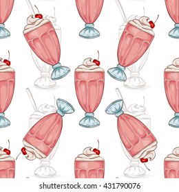 Seamless pattern color cherry milkshake sketch