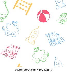 Seamless pattern color children's chalk drawings on white background. Hand-drawn style. Seamless vector wallpaper with the image of   hedgehog, key wind-up toy, rocket, train.