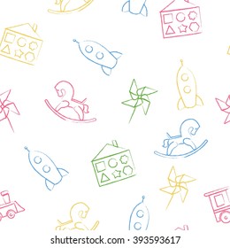 Seamless pattern color children's chalk drawings on white background. Hand-drawn style. Seamless vector wallpaper with the image of  rocking horse, rocket, locomotive, whirligig