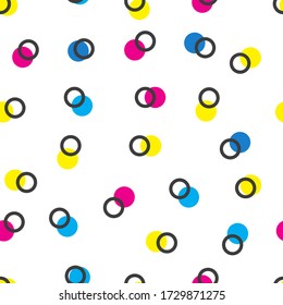 Seamless pattern with color circles - magenta, yellow, blue, black. Corporate print for printing house. Abstract geometric background.