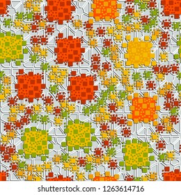 Seamless pattern. Color composition of squares on the background of four-sided pseudoconvex elements. Suitable for decoration of children's clothes and interiors.