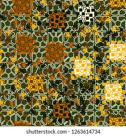 Seamless pattern. Color composition of squares on the background of four-sided pseudoconvex elements. Suitable for decoration of children's clothes and interiors.