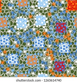 Seamless pattern. Color composition of squares on the background of four-sided pseudoconvex elements. Suitable for decoration of children's clothes and interiors.