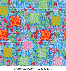Seamless pattern. Color composition of squares on the background of four-sided pseudoconvex elements. Suitable for decoration of children's clothes and interiors.
