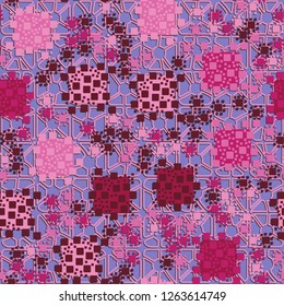 Seamless pattern. Color composition of squares on the background of four-sided pseudoconvex elements. Suitable for decoration of children's clothes and interiors.