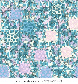 Seamless pattern. Color composition of squares on the background of four-sided pseudoconvex elements. Suitable for decoration of children's clothes and interiors.