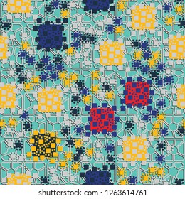 Seamless pattern. Color composition of squares on the background of four-sided pseudoconvex elements. Suitable for decoration of children's clothes and interiors.