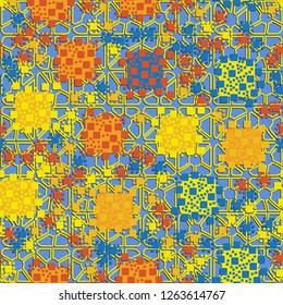 Seamless pattern. Color composition of squares on the background of four-sided pseudoconvex elements. Suitable for decoration of children's clothes and interiors.