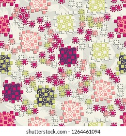 Seamless pattern. Color composition of squares. Background made of brush strokes and lines. Suitable for decoration of children's clothes and interiors.