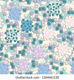 Seamless pattern. Color composition of squares. Background made of brush strokes and lines. Suitable for decoration of children's clothes and interiors.