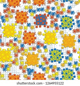 Seamless pattern. Color composition of squares. Checkered background with circular brush strokes. Suitable for decoration of children's clothes and interiors.