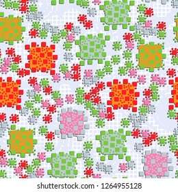 Seamless pattern. Color composition of squares. Checkered background with circular brush strokes. Suitable for decoration of children's clothes and interiors.