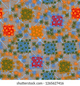 Seamless pattern. Color composition of squares. Background consisting of wavy lines. Suitable for decoration of children's clothes and interiors.