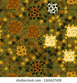 Seamless pattern. Color composition of squares. Background consisting of wavy lines. Suitable for decoration of children's clothes and interiors.