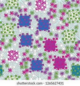 Seamless pattern. Color composition of squares. Background consisting of wavy lines. Suitable for decoration of children's clothes and interiors.