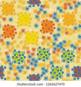 Seamless pattern. Color composition of squares. Background consisting of wavy lines. Suitable for decoration of children's clothes and interiors.