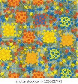 Seamless pattern. Color composition of squares. Background consisting of wavy lines. Suitable for decoration of children's clothes and interiors.