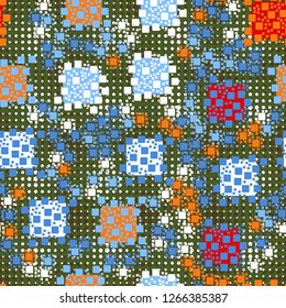 Seamless pattern. Color composition of squares. Background consisting of circles and stars. Suitable for decoration of children's clothes and interiors.
