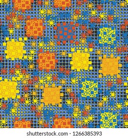 Seamless pattern. Color composition of squares. Background consisting of circles and stars. Suitable for decoration of children's clothes and interiors.