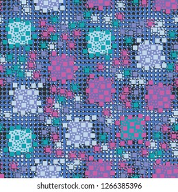 Seamless pattern. Color composition of squares. Background consisting of circles and stars. Suitable for decoration of children's clothes and interiors.