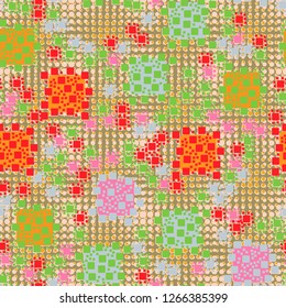 Seamless pattern. Color composition of squares. Background consisting of circles and stars. Suitable for decoration of children's clothes and interiors.