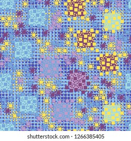 Seamless pattern. Color composition of squares. Background consisting of circles and stars. Suitable for decoration of children's clothes and interiors.