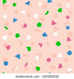 Seamless pattern with color confetti. Festive print. Brown, white, blue, green, purple. Simple vector illustration.
