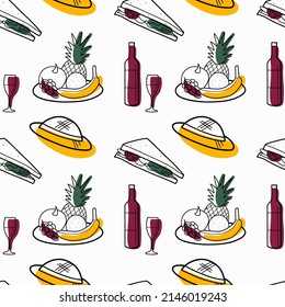 Seamless pattern color and contour drawings of picnic elements bottle and glass, sandwich, fruit, hat