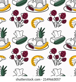 Seamless pattern color and contour drawings of picnic elements fruit, croissant, flowers, napkins