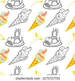 Seamless pattern color and contour drawings of of summer sweets - fruit, ice cream