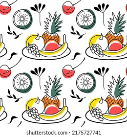 Seamless pattern color and contour drawings of of summer sweets - fruit, flowers