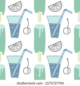 Seamless pattern color and contour drawings of of summer sweets - soda, fruit, ice cream
