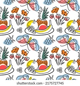 Seamless pattern color and contour drawings of of summer sweets - fruit, flowers, butterfly