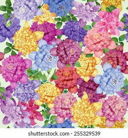 Seamless pattern with color dahlias and clematis. Vector background.
