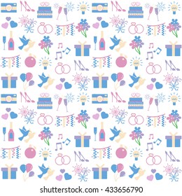 Seamless Pattern With Color Decorative Wedding Icons. Vector wedding linear icons and design elements.