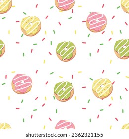 Seamless pattern with color donuts. Donut colorful set. Sweet donuts collection. Cartoon dessert vector illustration
