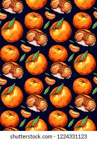 Seamless pattern of color doodle illustrations of tangerine on dark background. Vector texture for wrapper, wallpaper, textile and your creativity.